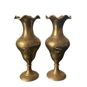 Pair of Vintage Brass Bud Vases Decorative Etched Design Scalloped Edges 5" Tall